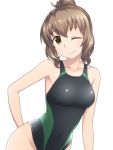  1girl black_swimsuit brown_eyes brown_hair character_request collarbone competition_swimsuit cowboy_shot idolmaster idolmaster_cinderella_girls leaning_forward looking_at_viewer one-piece_swimsuit one_eye_closed pataniito simple_background smile solo swimsuit white_background 