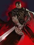  1boy bandage berserk black_hair closed_eyes gauntlets guts holding holding_sword holding_weapon looking_at_viewer na_in-sung scar solo spaulders sword weapon 