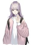  1girl :d aquna backpack bag bangs blush commentary english_commentary hand_up jacket long_hair long_sleeves looking_at_viewer open_mouth original pink_jacket purple_hair shirt simple_background smile solo upper_body violet_eyes waving white_background white_shirt 