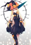  1girl abigail_williams_(fate/grand_order) absurdres black_bow black_dress black_hat blonde_hair blue_eyes blush bow breasts detached_sleeves dress fate/grand_order fate_(series) ginong hair_bow hat heterochromia highres long_hair long_sleeves looking_at_viewer medium_breasts older polka_dot polka_dot_bow red_eyes single_thighhigh sleeves_past_fingers sleeves_past_wrists solo standing stuffed_animal stuffed_toy teddy_bear thigh-highs yellow_bow 