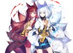  2girls akagi_(azur_lane) animal_ears azur_lane bangs black_kimono blue_eyes blue_skirt blunt_bangs brown_eyes brown_hair cowboy_shot eyebrows_visible_through_hair eyeliner eyeshadow fox_ears fox_tail gloves hakama_skirt instrument japanese_clothes kaga_(azur_lane) kimono kitsune long_hair makeup multiple_girls multiple_tails partly_fingerless_gloves red_eyes rei_(rei&#039;s_room) saxophone short_hair silver_hair simple_background skirt smile tail trumpet white_background white_kimono wide_sleeves 