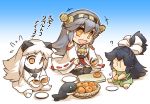  3girls barefoot black_hair bowl chibi collar comic commentary_request cutting_board detached_sleeves dress flying_sweatdrops food fruit gradient gradient_background green_eyes grey_hair hair_ribbon haruna_(kantai_collection) headgear hisahiko holding holding_knife horns i-class_destroyer japanese_clothes kantai_collection katsuragi_(kantai_collection) knife kuchiku_i-kyuu long_hair loquat mittens multiple_girls nontraditional_miko northern_ocean_hime open_mouth orange_eyes plate ponytail ribbon seiza shinkaisei-kan siting sitting skirt sleeveless sleeveless_dress smile star star-shaped_pupils symbol-shaped_pupils thigh-highs translation_request white_hair wide_sleeves 
