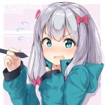  1girl absurdres bangs blue_hair blue_jacket blush bow character_name collarbone commentary_request eromanga_sensei eyebrows_visible_through_hair fang flying_sweatdrops hair_between_eyes hair_bow hands_up highres holding holding_stylus izumi_sagiri jacket long_hair long_sleeves looking_at_viewer nose_blush ohshit open_mouth revision silver_hair sitting sleeves_past_wrists solo stylus track_jacket v-shaped_eyebrows very_long_hair wariza 