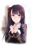  1girl bangs blazer blurry blurry_background blush breasts closed_mouth collared_shirt embarrassed eyebrows_visible_through_hair girls_frontline hair_ribbon half_updo hands_together highres jacket large_breasts long_hair looking_at_viewer necktie one_side_up purple_hair red_eyes red_neckwear ribbon shirt sidelocks solo striped striped_shirt very_long_hair wa2000_(girls_frontline) yorktown_cv-5 