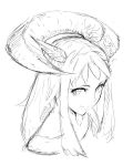  1girl asymmetrical_horns closed_mouth greyscale horns jaco long_hair looking_at_viewer monochrome original portrait simple_background smile solo white_background 
