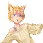  1girl animal_ears blonde_hair blue_eyes commentary_request fox_ears jaco off_shoulder original ribbed_sweater short_hair simple_background slit_pupils solo sweater triangle_mouth upper_body white_background yellow_sweater 