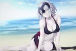  1girl beach bikini black_bikini blurry breasts commentary_request depth_of_field eyebrows_visible_through_hair fate/grand_order fate_(series) headpiece highres horizon jeanne_d&#039;arc_(alter)_(fate) jeanne_d&#039;arc_(fate)_(all) looking_at_viewer medium_breasts pale_skin parted_lips shore short_hair silver_hair solo swimsuit taka-chan yellow_eyes 
