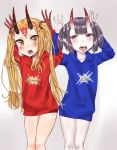  2girls absurdres arms_up bangs blonde_hair blue_hoodie blush brown_background brown_eyes bunching_hair clothes_writing collarbone commentary_request drawstring english facial_mark fangs fate/grand_order fate_(series) forehead_mark gradient gradient_background highres hood hood_down hoodie horns ibaraki_douji_(fate/grand_order) locked_arms long_hair long_sleeves makano_mucchi multiple_girls oni oni_horns open_mouth pale_skin purple_hair red_hoodie shiny shiny_skin short_hair shuten_douji_(fate/grand_order) thick_eyebrows tongue tongue_out twintails very_long_hair violet_eyes white_background 