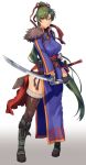  1girl boots fire_emblem fire_emblem:_rekka_no_ken fire_emblem_heroes green_eyes green_hair high_heels highres holding holding_sword holding_weapon katana long_hair looking_at_viewer lyndis_(fire_emblem) ponytail shinon_(tokage_shuryou) simple_background solo sword weapon white_background 