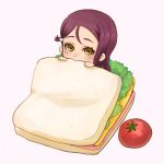  1girl beniko08 commentary food hair_ornament hairclip half_updo highres in_food lettuce looking_at_viewer love_live! love_live!_sunshine!! minigirl pink_background redhead sakurauchi_riko sandwich simple_background solo tomato yellow_eyes 