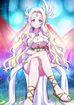  1girl blonde_hair blue_eyes braid breasts cleavage dress elf forehead_jewel hair_ornament large_breasts long_hair looking_at_viewer multicolored multicolored_eyes no_game_no_life official_art pointy_ears sitting smile solo symbol-shaped_pupils sync_nilvalen very_long_hair violet_eyes 