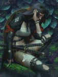  1girl absurdres bandages belt_boots black_eyes black_hair boots breasts buckle cigarette commentary glasses guweiz hairband hand_on_own_cheek highres holding katana leaf long_hair looking_at_viewer medium_breasts navel original parted_lips sitting solo sword watch weapon 