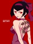  bare_back black_hair breasts bug centipede cowboy_shot dated girls_und_panzer girls_und_panzer_ribbon_no_musha hair_ribbon highres looking_at_viewer medium_breasts purple_ribbon red_background red_eyes ribbon shiroobi_(whitebeltmaster) short_hair sideboob tattoo tsuruki_shizuka 