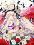  1girl bangs bare_arms bare_shoulders blue_eyes blue_flower blurry blush breasts bug butterfly checkered checkered_floor closed_mouth commentary cup depth_of_field dress eyebrows_visible_through_hair falling_petals fate/grand_order fate_(series) flower frilled_hat frills gem hair_flower hair_ornament hat hat_ribbon head_rest highres insect large_breasts light_particles long_hair looking_at_viewer lying marie_antoinette_(fate/grand_order) mellozzo on_floor on_side petals pink_flower purple_flower red_flower red_rose ribbon rose rose_petals saucer shiny shiny_hair sidelocks silver_hair sleeveless sleeveless_dress smile solo tea teacup twintails very_long_hair white_dress white_hat white_ribbon 