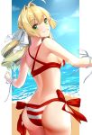  1girl ahoge ass back beach bikini blonde_hair blue_sky breasts clouds commentary_request day eyebrows_visible_through_hair fate/extra fate/grand_order fate_(series) from_behind green_eyes grin hair_ribbon highres looking_at_viewer looking_back medium_breasts nero_claudius_(fate)_(all) nero_claudius_(swimsuit_caster)_(fate) ocean red_bikini ribbon rukinya_(nyanko_mogumogu) saber_extra side-tie_bikini sideboob sky smile solo standing striped striped_bikini summer swimsuit white_ribbon 