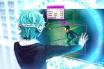  1boy blue_hair blurry blurry_background cape english fisheye_placebo gloves glowing glowing_eyes headphones highres hood hood_up hoodie mask short_hair suit_jacket virtual_reality wenqing_yan white_gloves 