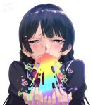  1girl artist_name bangs black_blazer black_hair blazer bow bowtie braid clover crying dated french_braid hair_ornament hairclip half-closed_eyes hands_up hero_neisan highres jacket looking_at_viewer nijisanji open_palms rainbow_gradient school_uniform simple_background solo streaming_tears tears tsukino_mito violet_eyes virtual_youtuber vomit vomiting white_background 