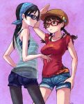  2girls :&lt; arm_up artist_name bandanna bare_shoulders belt black_eyes black_hair black_legwear blouse braid breasts brown_eyes brown_hair cowboy_shot denim denim_shorts glasses hat long_hair medium_breasts multiple_girls open_mouth original pantyhose pink_background sachy_(sachichy) see-through short_shorts shorts signature simple_background sleeveless twin_braids 