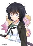  1girl bangs black-framed_eyewear black_eyes black_hair black_neckwear blouse closed_mouth commentary_request cropped_torso dated excel_(shena) floral_background flower_request girls_und_panzer glasses haori highres holding holding_sword holding_weapon japanese_clothes katana light_frown long_sleeves looking_at_viewer medium_hair messy_hair neckerchief ooarai_school_uniform oryou_(girls_und_panzer) school_uniform semi-rimless_eyewear serafuku short_ponytail solo standing sword twitter_username under-rim_eyewear upper_body weapon white_background white_blouse 