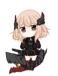  1girl armored_boots azur_lane bailingxiao_jiu bangs black_footwear black_gloves black_jacket black_skirt blush_stickers boots brown_eyes chibi closed_mouth dress_shirt eyebrows_visible_through_hair gloves glowing grey_shirt hair_between_eyes hands_up headgear heart heart-shaped_pupils iron_cross jacket knee_boots light_brown_hair long_hair long_sleeves looking_at_viewer pleated_skirt roon_(azur_lane) shirt simple_background skirt smile solo standing symbol-shaped_pupils white_background 