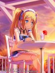 1girl black_neckwear black_ribbon blonde_hair blue_eyes chair chin_rest copyright_name cup doll_joints drink drinking_straw eblmeka flower frilled_swimsuit frills hair_ornament hair_ribbon hairclip headband inside looking_to_the_side navel official_art pen ribbon solo sunset swimsuit table twintails watermark z/x 