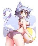  1girl animal_ears balloon bikini blue_hair breasts cat_ears cat_tail day fang looking_at_viewer medium_breasts open_mouth orange_eyes original outdoors ryota_tentei scar short_hair sideboob solo swimsuit tail tora_tentei yellow_eyes 