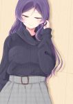  1girl against_wall belt black_sweater blush casual chiro_(bocchiropafe) facing_viewer green_eyes hair_down half-closed_eyes hand_in_hair highres houndstooth long_hair long_sleeves love_live! love_live!_school_idol_project purple_hair ribbed_sweater skirt smile solo sweater toujou_nozomi 