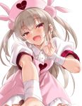  &gt;_&lt; 1girl :d apron bandage bandaged_arm blurry blurry_foreground blush bunny_hair_ornament center_frills commentary_request depth_of_field fang fingernails frills hair_ornament half-closed_eyes hand_to_own_mouth hand_up hat head_tilt heart heart-shaped_pupils heavy_breathing highres kure_masahiro light_brown_hair long_hair looking_at_viewer natori_sana nurse_cap open_mouth pink_apron pink_hat pleated_skirt puffy_short_sleeves puffy_sleeves red_eyes sana_channel shirt short_sleeves sidelocks simple_background skirt smile solo symbol-shaped_pupils two_side_up very_long_hair virgin white_background white_shirt white_skirt 
