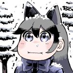  1girl :i animal_ears blue_eyes blue_jacket blue_neckwear blush bow bowtie commentary_request fox_ears grey_hair hare_(tetterutei) jacket kemono_friends long_hair looking_at_viewer multicolored_hair no_nose pine_tree silver_fox_(kemono_friends) snot snow snowing solo tree trembling two-tone_hair upper_body 