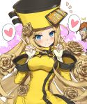  1boy 1girl beard blonde_hair blue_eyes blush breasts brown_hair closed_mouth double_v eyebrows_visible_through_hair facial_hair fingerless_gloves gloves guilty_gear guilty_gear_xrd heart highres large_breasts long_sleeves looking_at_another looking_at_viewer millia_rage monocle short_hair smile speech_bubble spoken_heart sweatdrop tansan_daisuke tansan_daisuki v white_gloves 