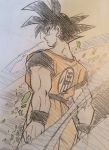  1boy back_turned black_hair commentary dougi dragon_ball dragonball_z frown highres looking_away male_focus profile serious short_hair son_gokuu spiky_hair standing traditional_media wristband 