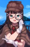  1girl :d aqua_eyes atsutoku bangs bespectacled black_hair blunt_bangs bow brown_bow brown_cape brown_hat cape commentary_request deerstalker detective glasses gloves hair_ornament hairclip hand_on_own_arm hat hat_bow highres holding kurosawa_dia long_hair looking_at_viewer love_live! love_live!_sunshine!! magnifying_glass necktie ocean open_mouth outdoors railing red-framed_eyewear red_neckwear semi-rimless_eyewear smile solo under-rim_eyewear upper_body v-shaped_eyebrows white_gloves 
