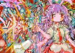  1girl abstract animal_ears bangs circle collared_shirt colorful cowboy_shot eyebrows_visible_through_hair gradient_eyes hito_(nito563) long_hair moon_rabbit multicolored multicolored_eyes necktie no_mouth no_nose purple_hair rabbit_ears red_eyes red_neckwear red_ribbon reisen_udongein_inaba ribbon ribbon-trimmed_shirt ribbon_trim shirt short_sleeves solo touhou yellow_eyes 