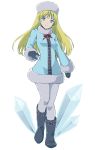  1girl alternate_costume arc_the_lad blonde_hair blue_eyes boots breasts character_request closed_mouth coat dress full_body ice long_hair looking_at_viewer medium_breasts smile solo standing surume_(surume_8738) walking white_background winter_clothes 