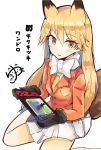  1girl animal_ears bow bowtie coat commentary_request eyebrows_visible_through_hair ezo_red_fox_(kemono_friends) fox_ears fox_tail fur_trim gloves handheld_game_console highres japari_symbol kemono_friends long_hair long_sleeves multicolored_hair necktie nintendo_switch orange_hair pantyhose pleated_skirt sitting skirt solo tail translated wariza white_hair yunekoko 