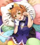  1girl :3 :d animal_ears beniko08 black_bow black_neckwear blue_vest bow bowtie cat_day cat_ears cat_pillow cat_tail center_opening commentary fake_animal_ears frilled_vest gloves hair_bow hand_on_own_cheek highres hoshizora_rin looking_at_viewer love_live! love_live!_school_idol_project lying on_back open_mouth orange_hair paw_pose pumpkin_pants short_hair single_glove smile solo tail vest white_gloves yellow_eyes 