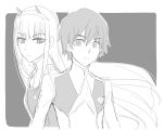  1boy 1girl bangs couple darling_in_the_franxx eyebrows_visible_through_hair hair_ornament hairband hetero hiro_(darling_in_the_franxx) horns k_016002 long_hair looking_at_viewer military military_uniform monochrome necktie oni_horns short_hair uniform zero_two_(darling_in_the_franxx) 