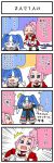  2girls 4koma apron bangs bkub_(style) blue_coat blue_eyes blue_hair blunt_bangs blush bow closed_eyes comic commentary_request emphasis_lines eyebrows_visible_through_hair fakkuma final_fantasy final_fantasy_xiv hair_bow heart heart_necklace holding holding_lance holding_weapon lalafell lance looking_down multicolored_hair multiple_girls open_mouth pink_hair pointy_ears polearm red_shirt shirt short_hair shouting sidelocks simple_background speech_bubble sweatdrop talking translation_request twintails two-tone_background two-tone_hair two_side_up weapon white_hair white_scrunchie 