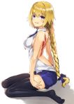  1girl backless_outfit black_legwear blonde_hair blue_bow blue_neckwear blue_shorts bow braid breasts fate/apocrypha fate_(series) from_side full_body hair_bow highres jeanne_d&#039;arc_(fate) jeanne_d&#039;arc_(fate)_(all) long_hair looking_at_viewer low-tied_long_hair medium_breasts ponytail short_shorts shorts sideboob simple_background single_braid sitting sleeveless solo tanaka_arumi thigh-highs very_long_hair white_background zettai_ryouiki 