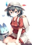  1girl absurdres alternate_legwear backpack bag black_hair black_legwear blue_eyes commentary eyebrows_visible_through_hair food hair_between_eyes hat hat_feather highres japari_bun japari_symbol kaban_(kemono_friends) kanzakietc kemono_friends looking_at_viewer lucky_beast_(kemono_friends) red_shirt shirt short_hair short_sleeves shorts simple_background sitting smile socks wariza white_background white_hat white_shorts 