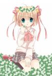  blonde_hair blue_eyes flower highres kamikita_komari kneeling little_busters!! mana_(10221125) school_uniform short_hair 