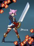  animal_ears cat_ears fighter_(7th_dragon) gloves green_eyes haseke purple_hair short_hair sword thighhighs weapon 
