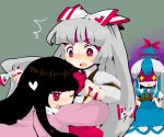  black_hair bow fujiwara_no_mokou hair_bow hair_ribbon hat houraisan_kaguya hug kamishirasawa_keine long_hair multicolored_hair red_eyes ribbon silver_hair touhou wink yuto_mochi 