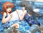  2girls brown_hair long_hair pool seal swimsuit 