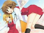  blush brown_eyes brown_hair hidamari_sketch kadoi_aya miyako school_uniform short_hair wink yuno 