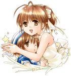  brown_eyes brown_hair clannad furukawa_nagisa hat hug kanae_funwa mother_and_daughter okazaki_ushio ponytail school_uniform short_hair wink 
