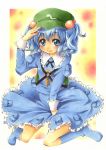  bag blue_eyes blue_hair boots dress hair_bobbles hair_ornament hat kawashiro_nitori key shie touhou traditional_media 