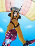  bad_id black_hair blurry character_request cloud clouds depth_of_field foreshortening from_below goggles highres jumpsuit looking_down parachute sky 