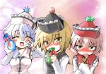  blonde_hair blue_hair blush brown_hair chocolate hat kotojima_motoki kotoshima lunasa_prismriver lyrica_prismriver merlin_prismriver multiple_girls pink_hair red_eyes siblings sisters touhou tsundere white_day yellow_eyes 