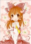  emo_(artist) emo_(mikan) flower hakurei_reimu japanese_clothes petals pink ribbon touhou traditional_media 